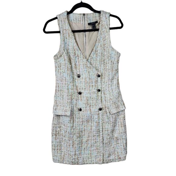 Forever 21 Tweed Sheath Dress S Women Tank Double Breast Cream Aqua Blue Sequins - Picture 1 of 11